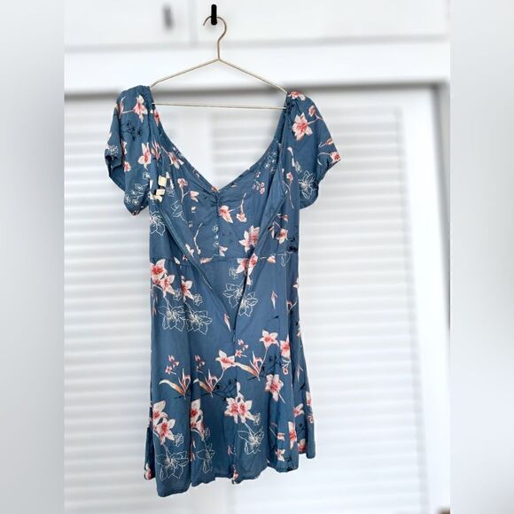 Roxy Shoulder Shimmy Sweetheart Floral Palm Print Mini Dress In Blue lSize M - Picture 8 of 16